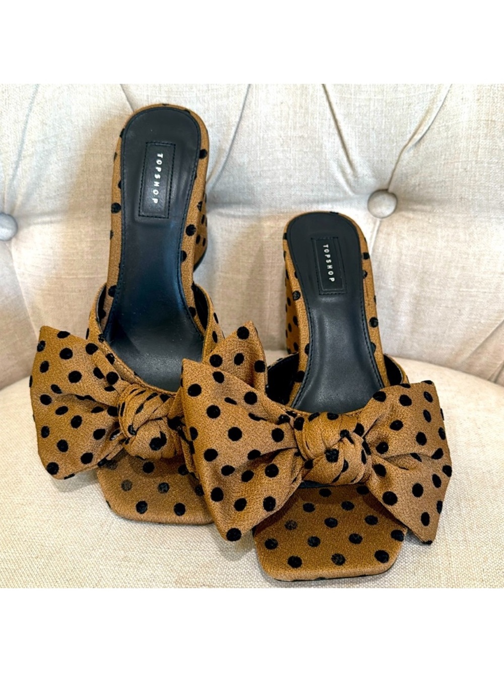 Topshop Tan and Black Polka Dot Bow Mules